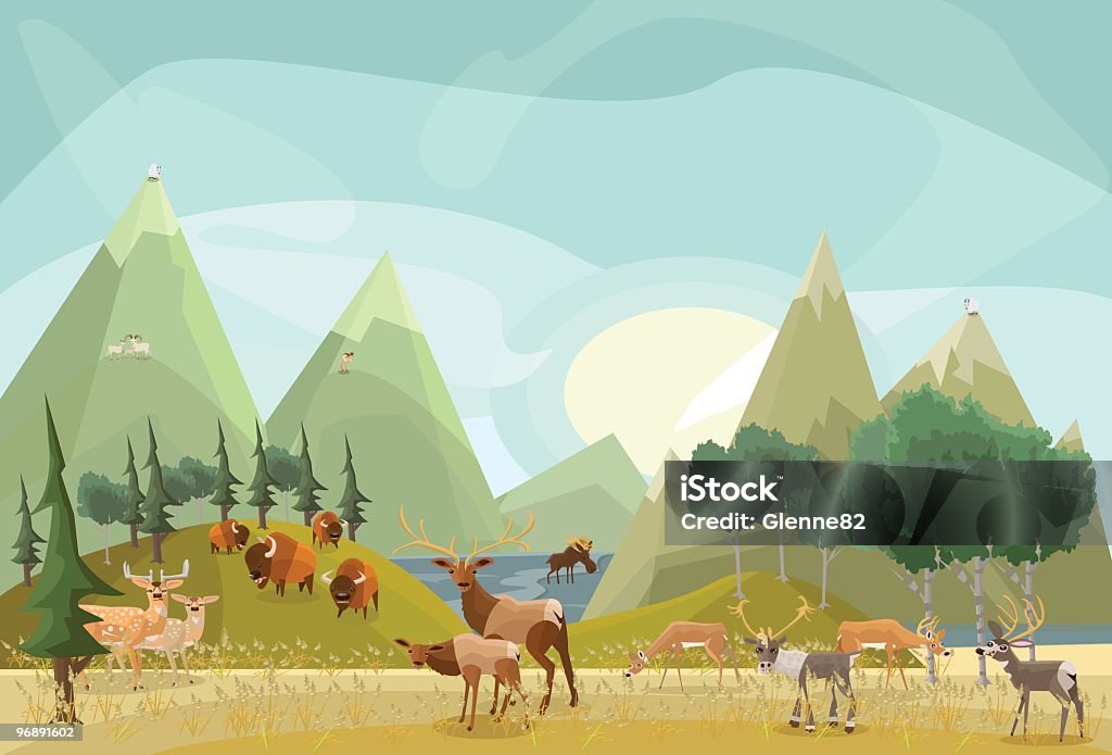 Hoofed Mammals of North America A family portrait of North Americas Hoofed Mammals. Animals included are, fallow deer, elk, bison, caribou, mule deer, white-tailed deer, moose, bighorn sheep, mountain goat and dall's sheep.
  Vector illustration, all animals are on separate layers. Mountain Goat stock vector