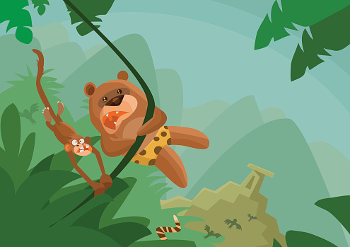 A jungle bear and his trusty companion are swinging after an elusive tiger on it's way to the hidden temple.
 Vector illustration all animals are on separate layers.