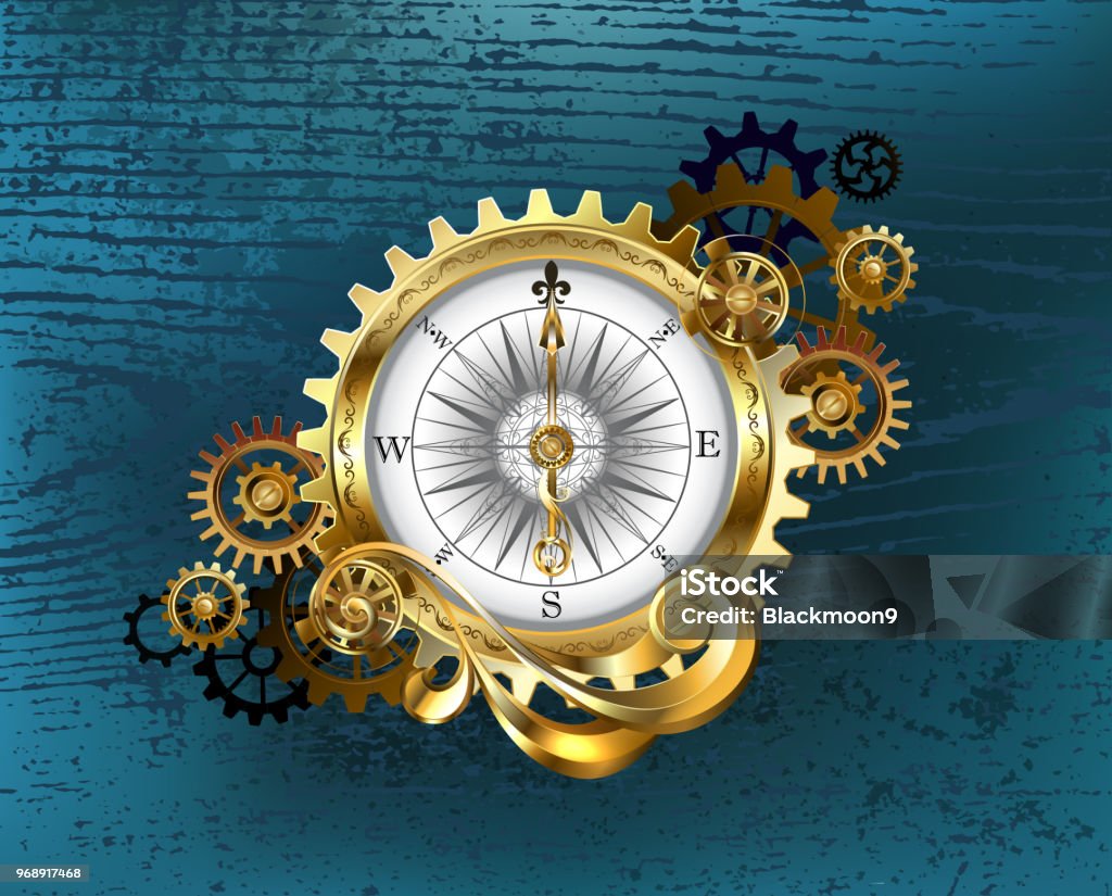 Antique compass with gears Antique compass with gold and brass gears on turquoise wooden background. Navigational Compass stock vector