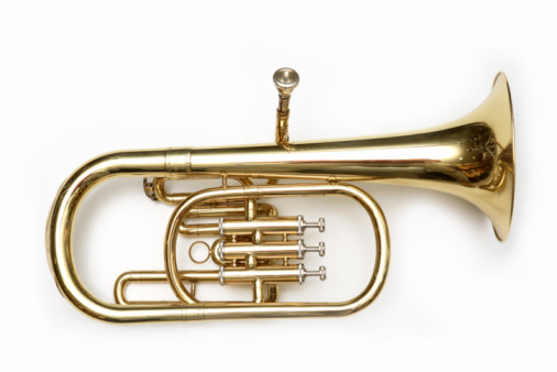 Wide shot. Senior musician playing a trumpet on gradient background. Professional shot in 4K resolution. 059. You can use it e.g. in your medical, commercial video, business, presentation, broadcast