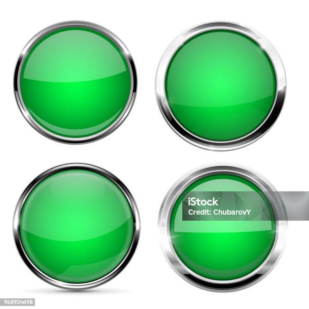 Set Round Green Button Glass Buttons Green Round 3d Buttons With Chrome Frame Stock ...