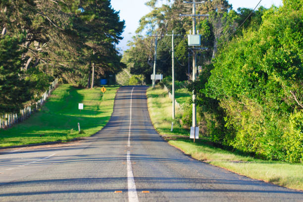 estrada rural com rua assina grama verde em um dia ensolarado - tranquil scene sky street road - fotografias e filmes do acervo