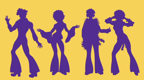 소울 파티 시간입니다. 영혼의 댄서 펑크 또는 디스코 실루엣. 1980 년대에서 사람들이 80 년대 디스코, 노란색에 고립 된 만화 벡터 일러스트 레이 션을 춤 옷 스타일. 80 년대에 있는 남자 그리고  - shoe women retro revival fashion stock illustrations