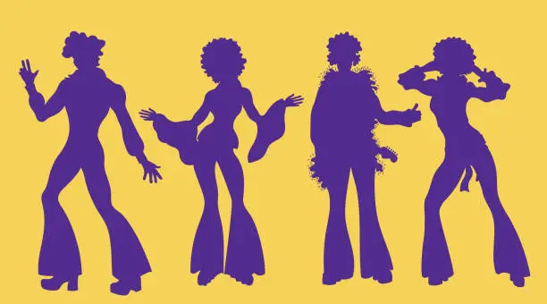 Vector illustration of Soul Party Time. Dancers of soul silhouette funk or disco.People in 1980s, eighties style clothes dancing disco, cartoon vector illustration isolated on yellow.Men and women in 80s