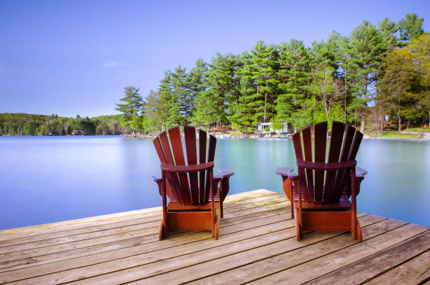 istock Muskoka chairs on a wooden dock facing calm water 968936464