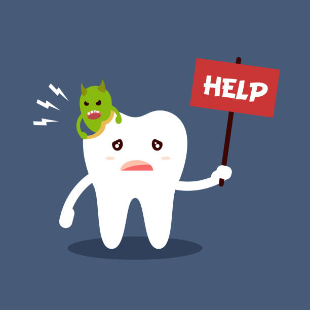 Unhealthy dental caries tooth character with text help. Microbes destroy the tooth. Flat vector illustration isolated on dark background. Cartoon style. Unhealthy dental caries tooth character with text help. Microbes destroy the tooth. Flat vector illustration isolated on dark background. Cartoon style cute cartoon dental implants stock illustrations