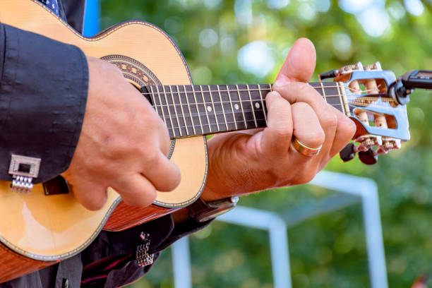 jugador de cuatro cuerdas de la guitarra acústica - samba fotografías e imágenes de stock