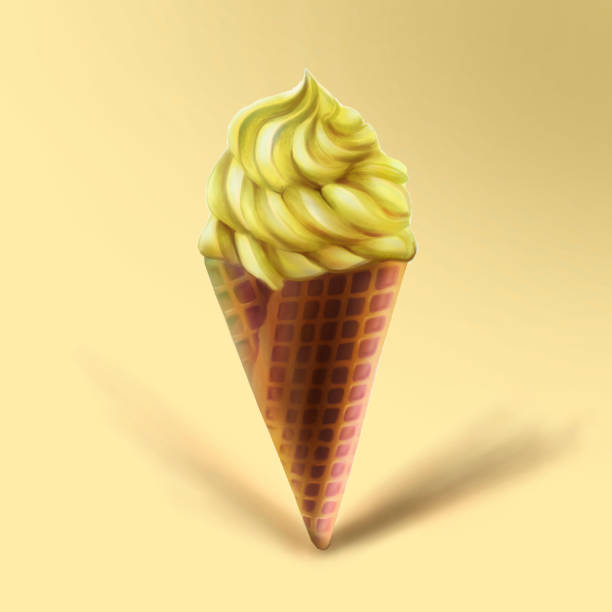 istock Summer minimalism illustration, creative concept. Digital hand drawn vanilla ice cream in the waffel chocolate cone on the pastel background 968944122
