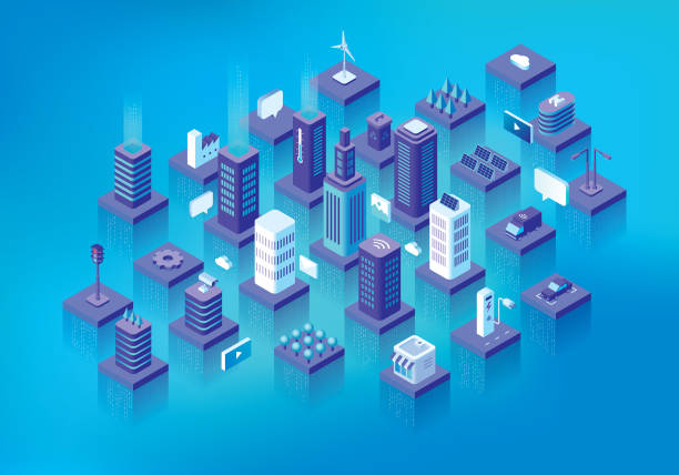 Smart city Editable vector illustration on layers. 
This is an AI EPS 10 file format, with transparency effects, blends, gradients and one gradient mesh. isometric smart city stock illustrations