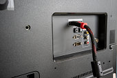 Input Output Panel on the back of an LCD / LED Television with red cable