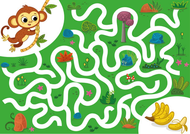 helfen sie den affen, reiche bananen. vector illustration-puzzle-spiel für kinder. - play the ape stock-grafiken, -clipart, -cartoons und -symbole