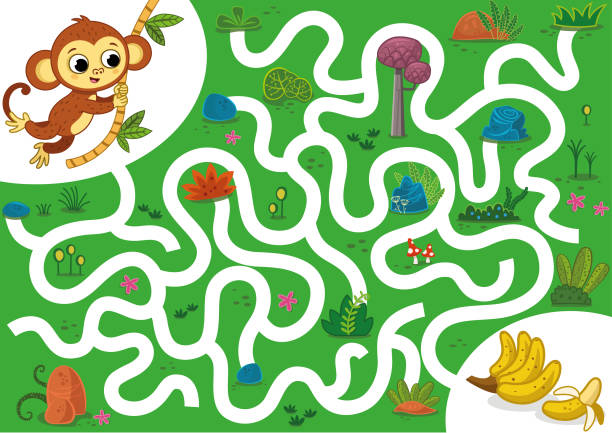 ilustrações de stock, clip art, desenhos animados e ícones de help the monkey to rich bananas. vector illustration puzzle game for kids. - play the ape