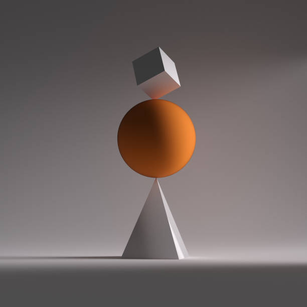 A orange sphere, a square and triangle in balance This is a 3d render illustration stock photo