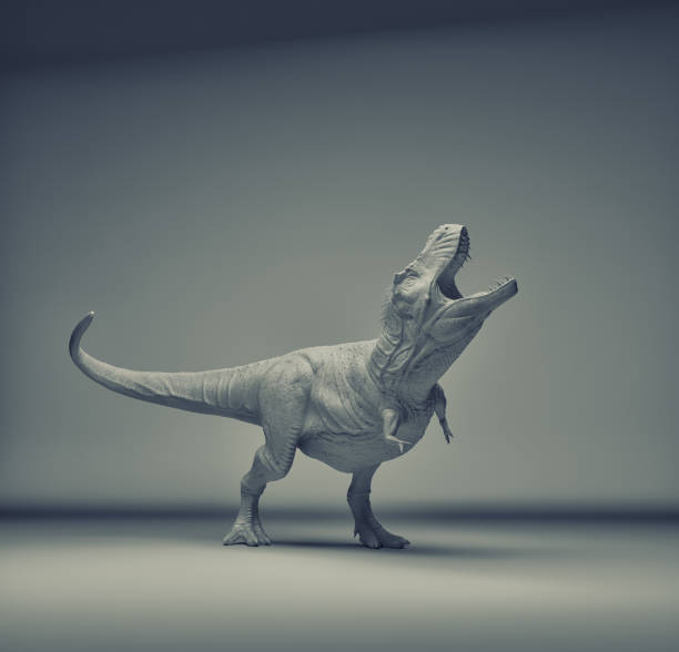 istock Dinosaur Tyrannosaurus Rex moving quickly on grey background. 968953356