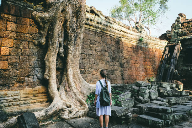 istock Woman with backpack exploring Angkor in Cambodia 968968930