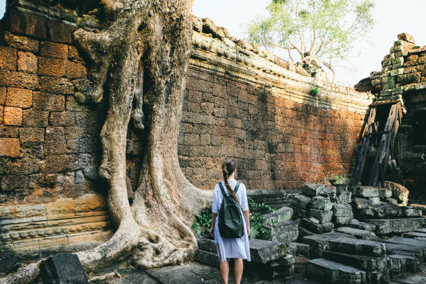 istock Woman with backpack exploring Angkor in Cambodia 968969024