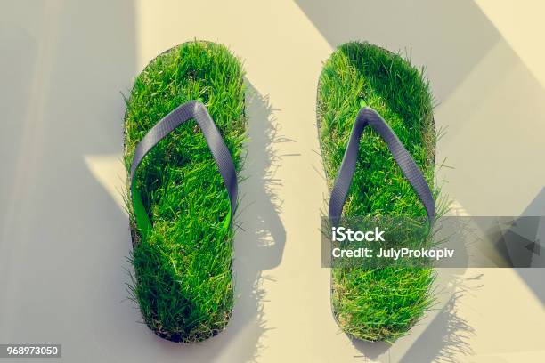 Fußabdruck Mit Grünen Artifitial Grass Stockfoto und mehr Bilder von Gras - Gras, Nachhaltige Lebensweise, Badelatsche