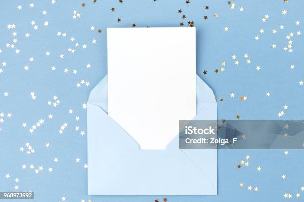 Empty Card In Blue Envelope Stock Photo - Download Image Now - Envelope, Birthday, Invitation