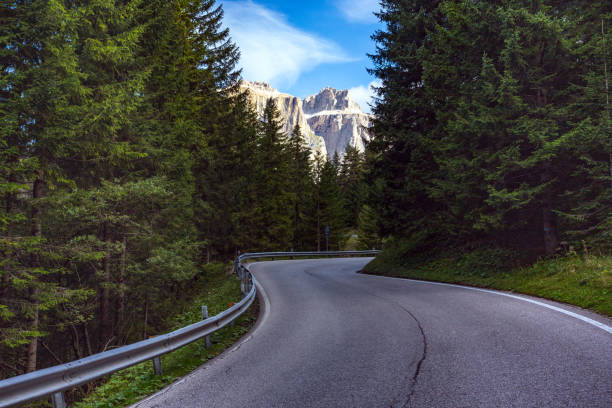istock empty road at the mountains through the pine forest. dolomites mountains, italy 968981222