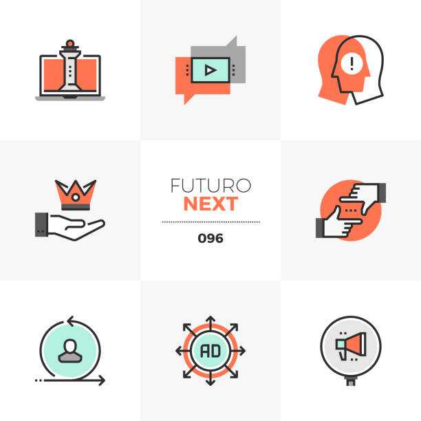 Digital Marketing Futuro Next Icons Modern flat icons set of digital marketing strategy, online business. Unique color flat graphics elements with stroke lines. Premium quality vector pictogram concept for web, symbol, branding, infographics. the bigger picture stock illustrations