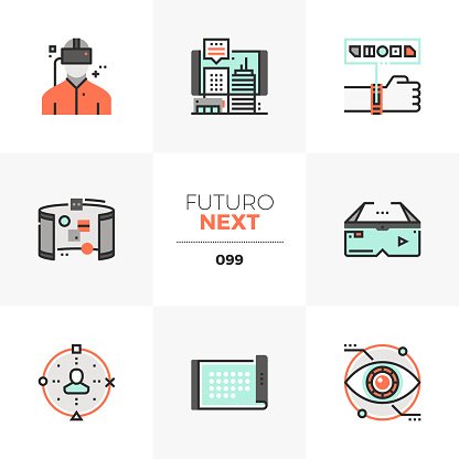 Modern flat icons set of virtual reality headset, future technology. Unique color flat graphics elements with stroke lines. Premium quality vector pictogram concept for web, symbol, branding, infographics.