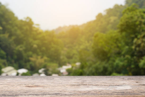 istock wood table background blur green mountain 968990110