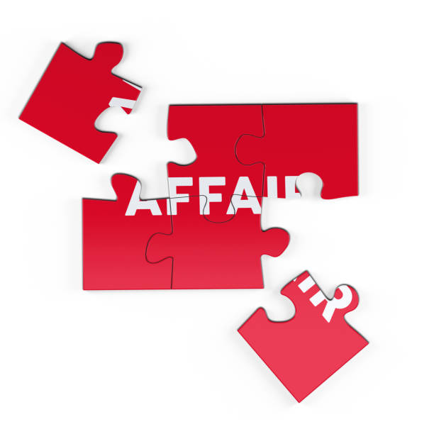 Jigsaw Puzzle with Affair Text Realistic red six pieces of jigsaw puzzle with Affair text on isolated white background. 3D rendering. leasure games stock pictures, royalty-free photos & images