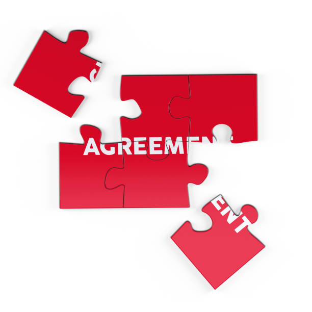 Jigsaw Puzzle with Agreement Text Realistic red six pieces of jigsaw puzzle with Agreement text on isolated white background. 3D rendering. leasure games stock pictures, royalty-free photos & images
