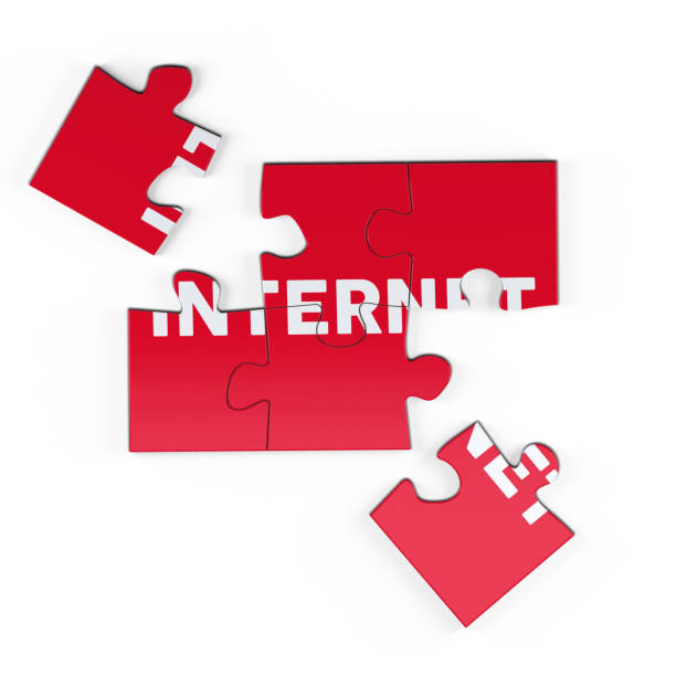 Jigsaw Puzzle with Internet Text Realistic red six pieces of jigsaw puzzle with Internet text on isolated white background. 3D rendering. leasure games stock pictures, royalty-free photos & images