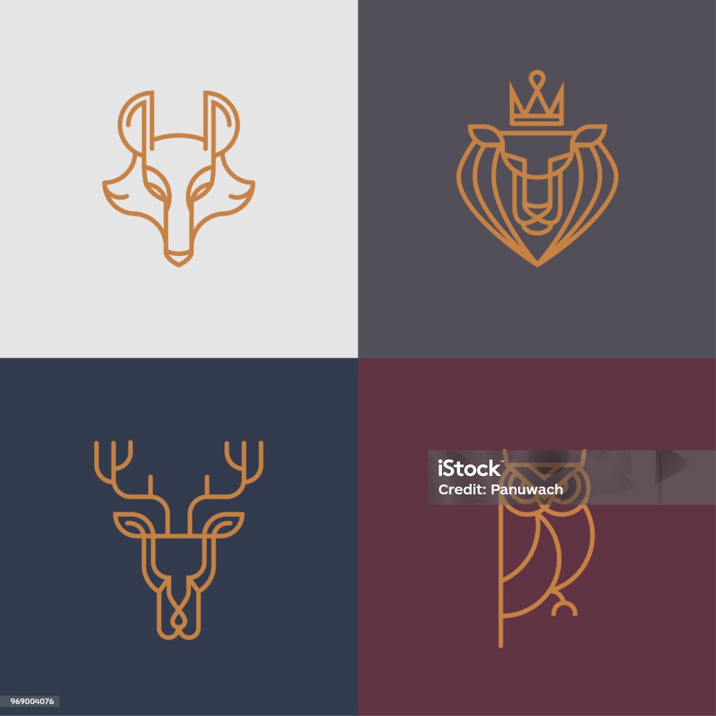 Animal Thin line logo/icon set This thin line animal logo/icon set contain - deer, owl, wolf, lion Logo stock vector