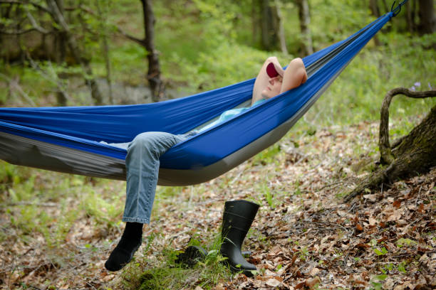 istock Woman Relaxing Sleeping Napping Laying in Camping Hammock 969004362