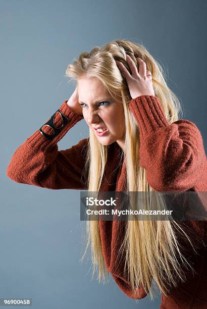 Blond Girl Furiously Scratches Her Tangled Hair Stock Photo - Download Image Now - 16-17 Years, Adult, Anger