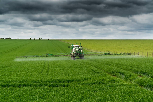 緑の野原を散布トラクター - tractor farm uk agriculture ストックフォトと画像