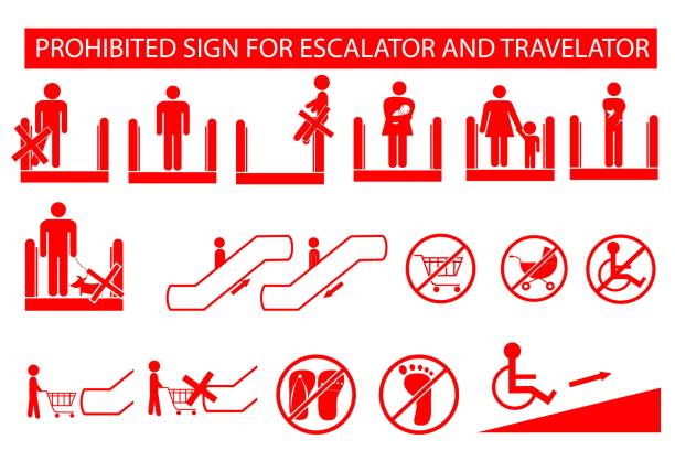 ilustraciones, imágenes clip art, dibujos animados e iconos de stock de icono de estilo, sistema de señal de prohibido en escaleras mecánicas o situar - moving walkway