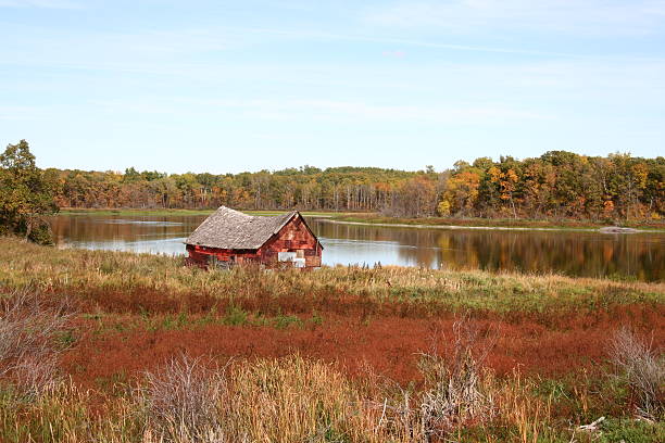 Colorful Barn by Lake stock photo