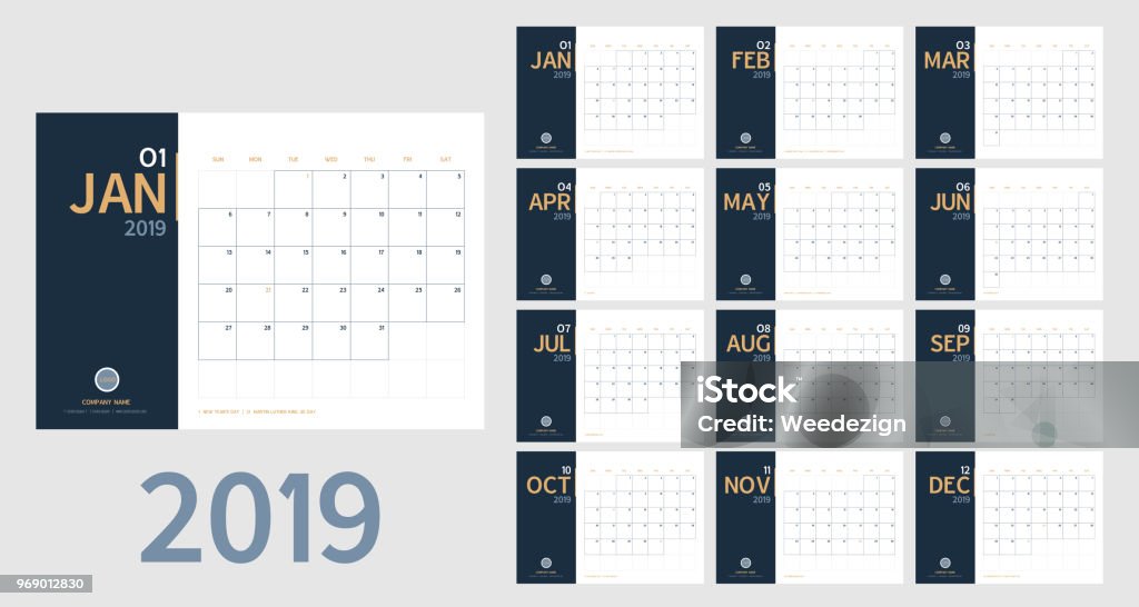 Vector of 2019 new year calendar in clean minimal table simple style and blue and orange yellow color,Holiday event planner,Week Starts Sunday.include holiday event.A5 size. Vector of 2019 new year calendar in clean minimal table simple style and blue and orange yellow color,Holiday event planner,Week Starts Sunday.include holiday event.A5 size Calendar stock vector