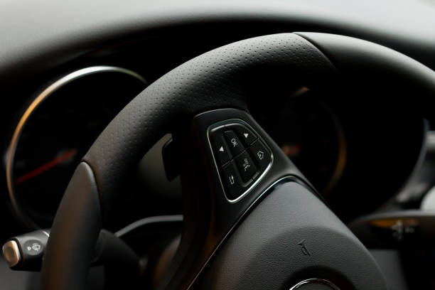 istock Steering wheel and dashboard of a high-end car 969027320