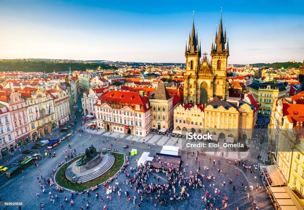 aerial view of old town square in Prague aerial view of old town square in Prague at sunset. Czech Republic Prague Stock Photo