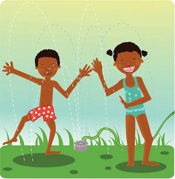 Vector illustration of kids playing in a sprinkler