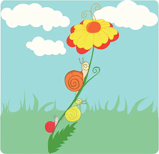 Vector illustration of three snails climbing a flower