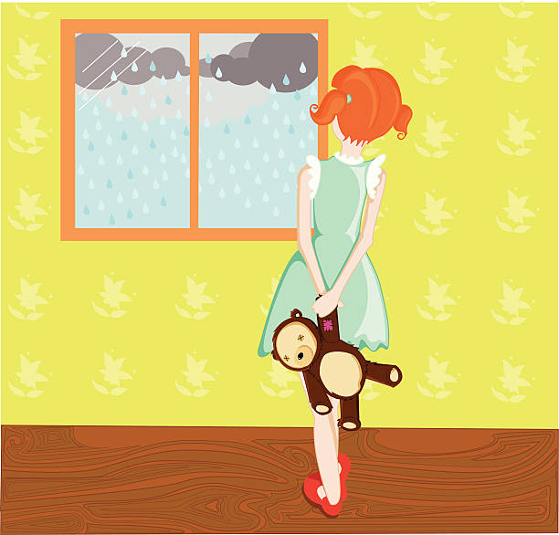 can't go outside to play girl is staring out the window, it is raining and she can't go out to play behavior teddy bear doll old stock illustrations