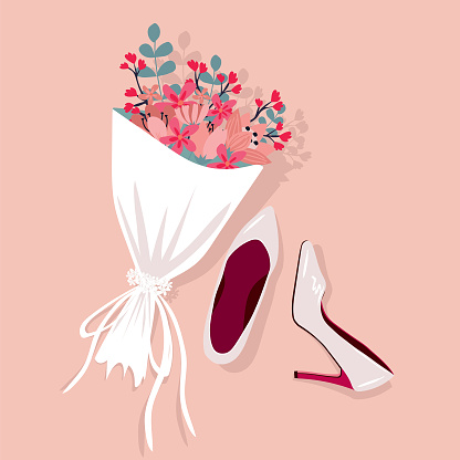 Brides wedding shoes with a bouquet, vector illustration.