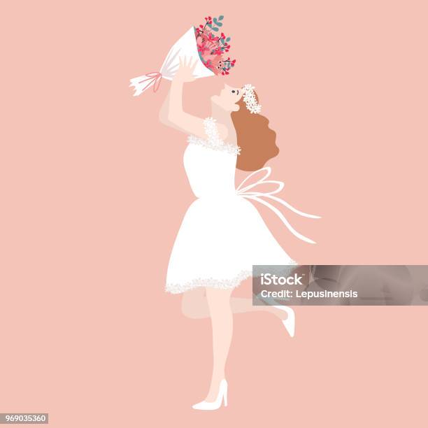 Happy Brides With A Bouquet Vector Illustration Stock Illustration - Download Image Now - Adult, Adults Only, Beautiful People