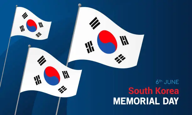 Vector illustration of South Korea Memorial Day card vector illustration. Flag waving on dark blue background.