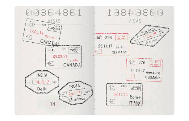 ilustrações de stock, clip art, desenhos animados e ícones de passport pages with travel stamps. international tourism - passport postage stamp india passport stamp