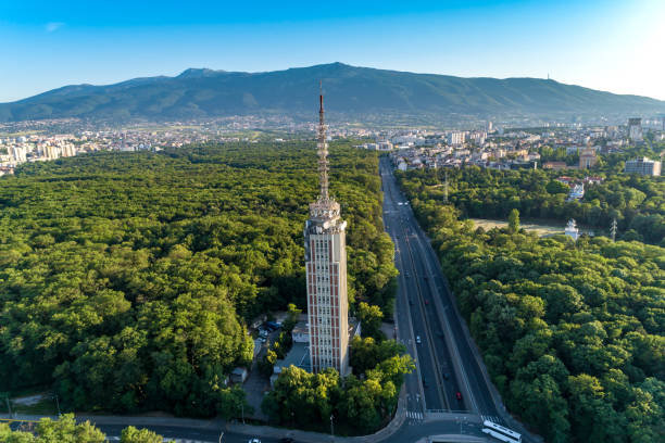 widok z lotu ptaka na wieżę radiową w środku pięknego lasu miejskiego - traffic circle audio zdjęcia i obrazy z banku zdjęć