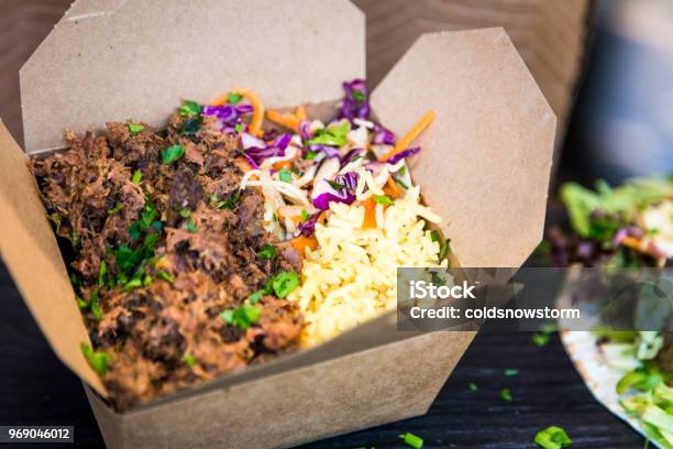 Pulled Pork Rice And Salad In Take Out Food At Street Food Market Stock Photo - Download Image Now