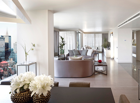 Wide angle shot of a luxury apartment and the balcony