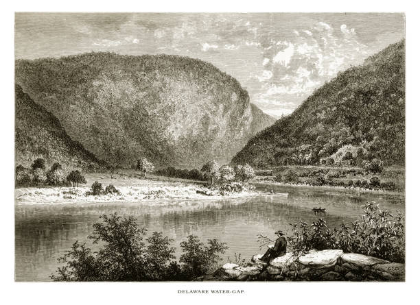 Delaware River Water Gap, Pennsylvania, United States, American Victorian Engraving, 1872 Very Rare, Beautifully Illustrated Antique Engraving of Delaware River Water Gap, Pennsylvania, United States, American Victorian Engraving, 1872. Source: Original edition from my own archives. Copyright has expired on this artwork. Digitally restored. paradise pennsylvania stock illustrations