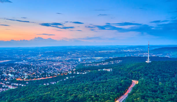 Sunset over Stuttgart City in Germany View from the first TV Tower in the world stuttgart stock pictures, royalty-free photos & images
